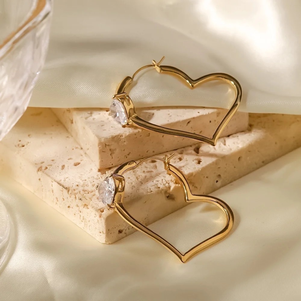 18K Gold Plated Heart Cubic Zirconia Hoop Earrings - Picture 4 of 8